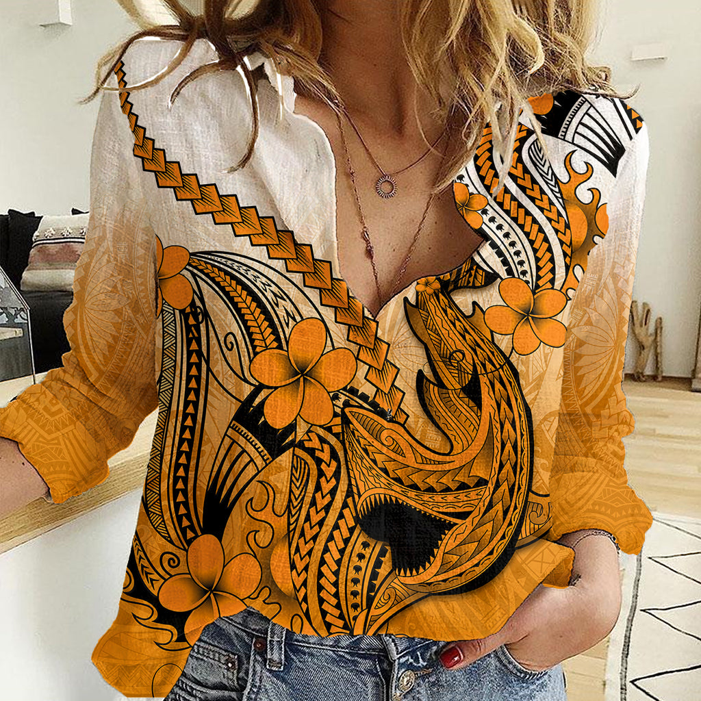 Hawaii Women Casual Shirt Polynesian Shark Tattoo With Plumeria Orange Gradient - Wonder Print Shop