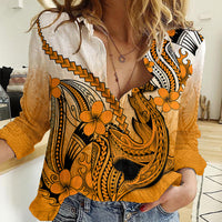 Hawaii Women Casual Shirt Polynesian Shark Tattoo With Plumeria Orange Gradient - Wonder Print Shop