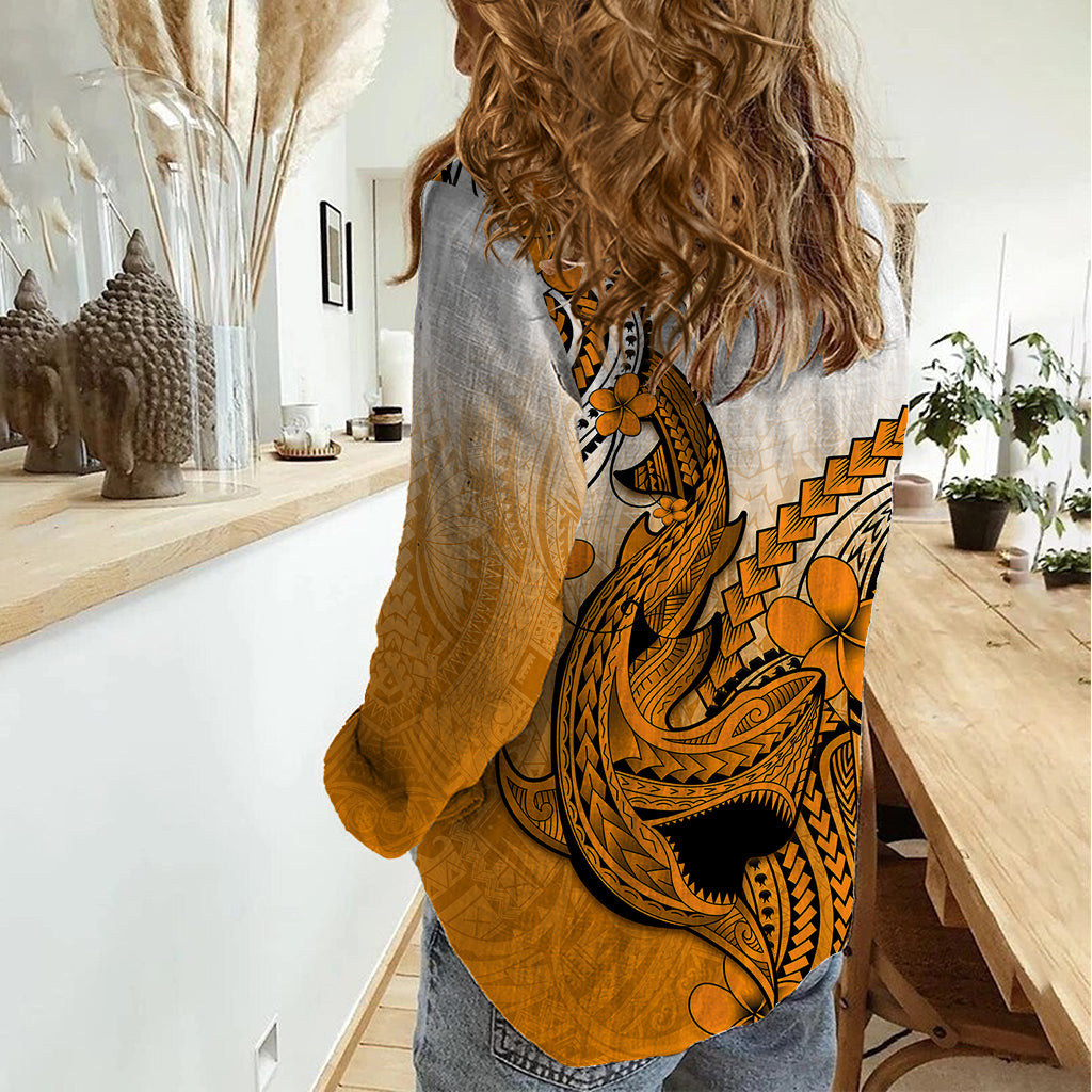 Hawaii Women Casual Shirt Polynesian Shark Tattoo With Plumeria Orange Gradient - Wonder Print Shop