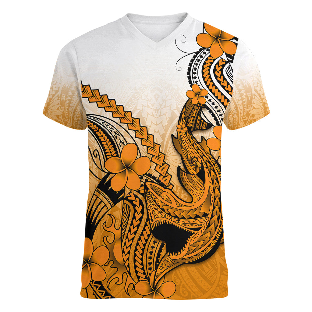 Hawaii Women V Neck T Shirt Polynesian Shark Tattoo With Plumeria Orange Gradient - Wonder Print Shop