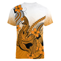 Hawaii Women V Neck T Shirt Polynesian Shark Tattoo With Plumeria Orange Gradient - Wonder Print Shop