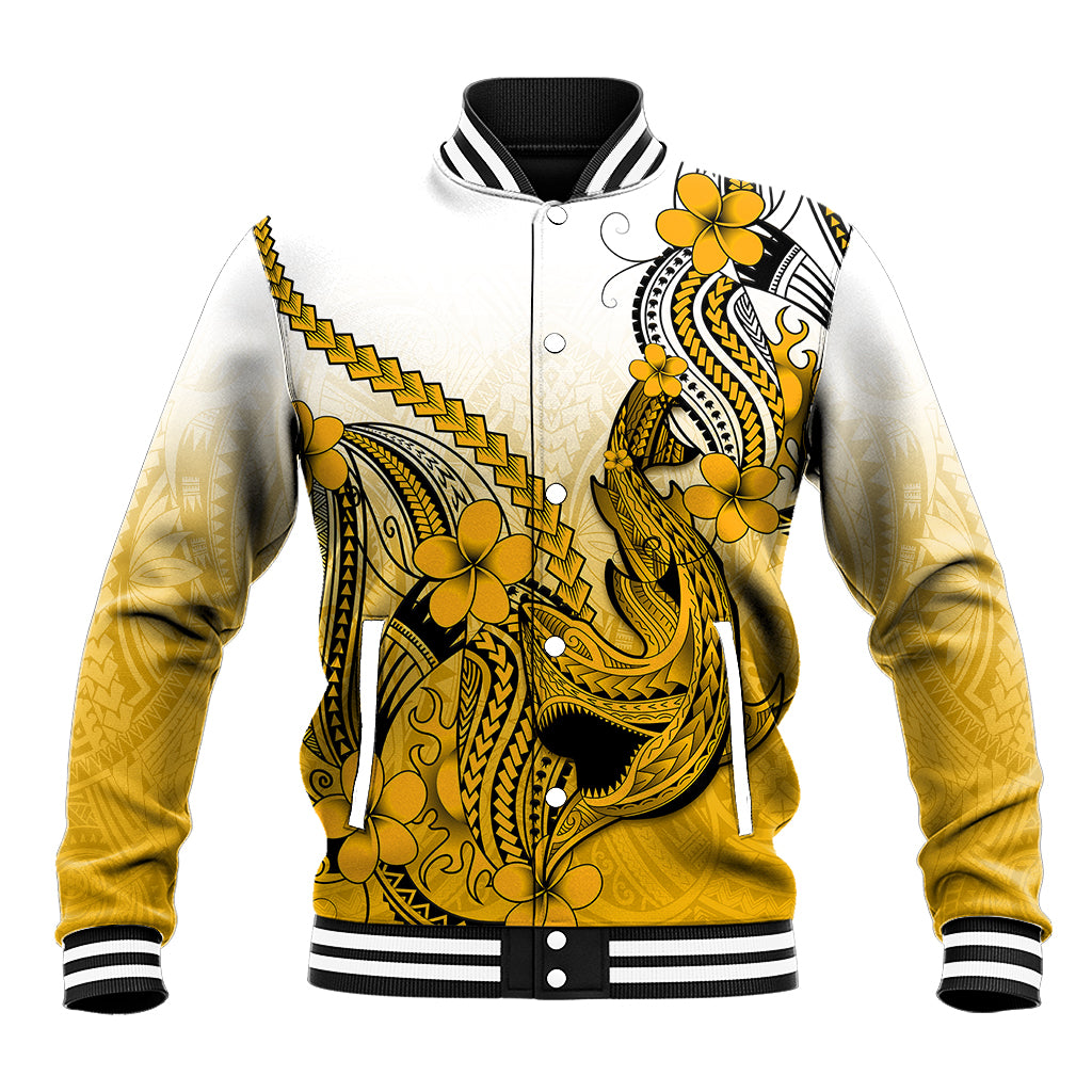 Hawaii Baseball Jacket Polynesian Shark Tattoo With Plumeria Gold Gradient - Wonder Print Shop