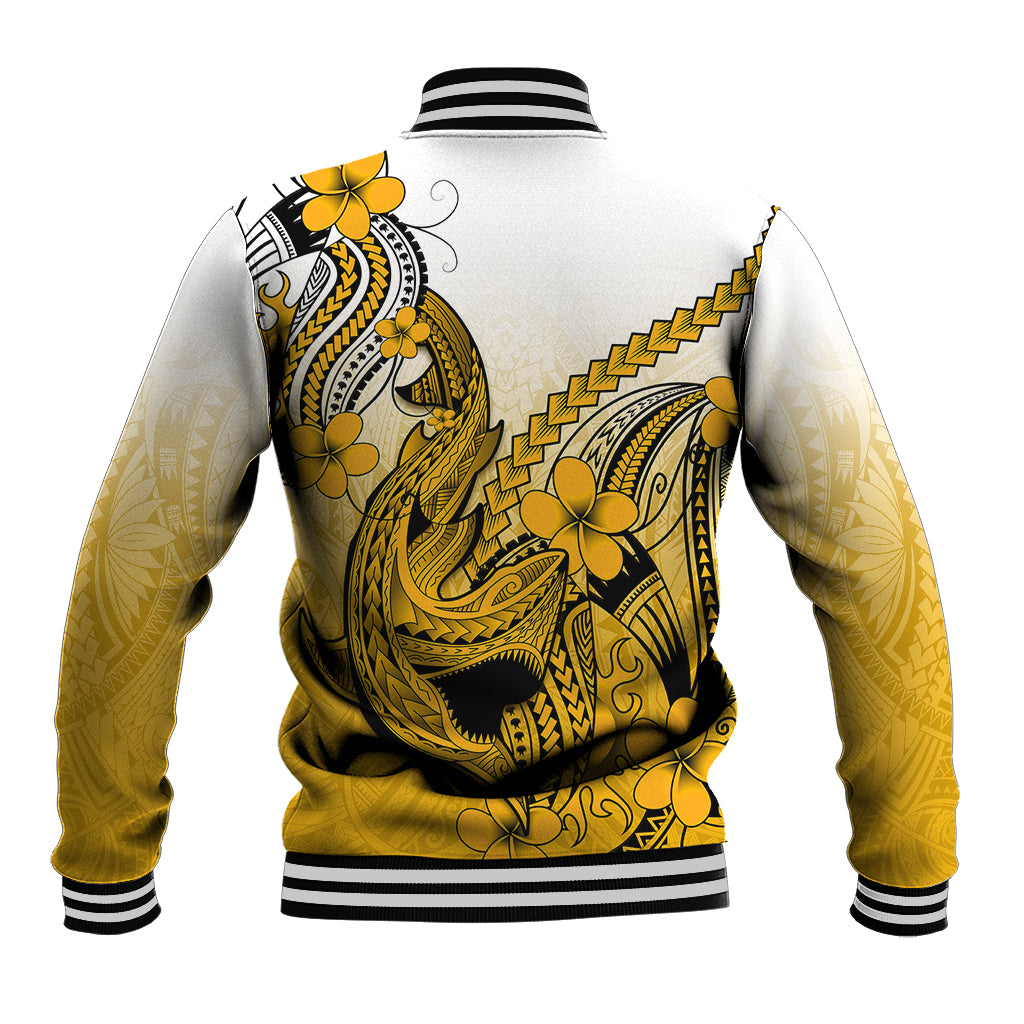 Hawaii Baseball Jacket Polynesian Shark Tattoo With Plumeria Gold Gradient - Wonder Print Shop