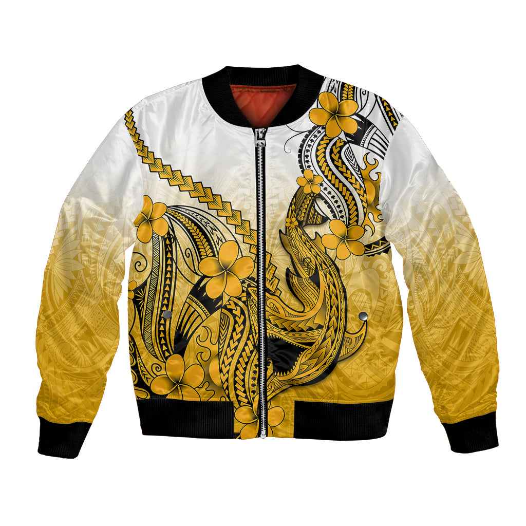 Hawaii Bomber Jacket Polynesian Shark Tattoo With Plumeria Gold Gradient - Wonder Print Shop