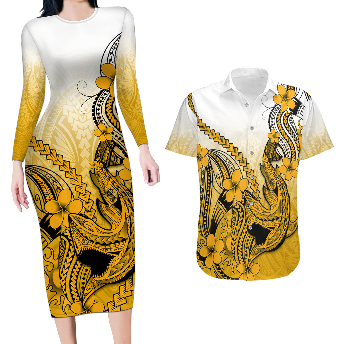Hawaii Couples Matching Long Sleeve Bodycon Dress and Hawaiian Shirt Polynesian Shark Tattoo With Plumeria Gold Gradient - Wonder Print Shop