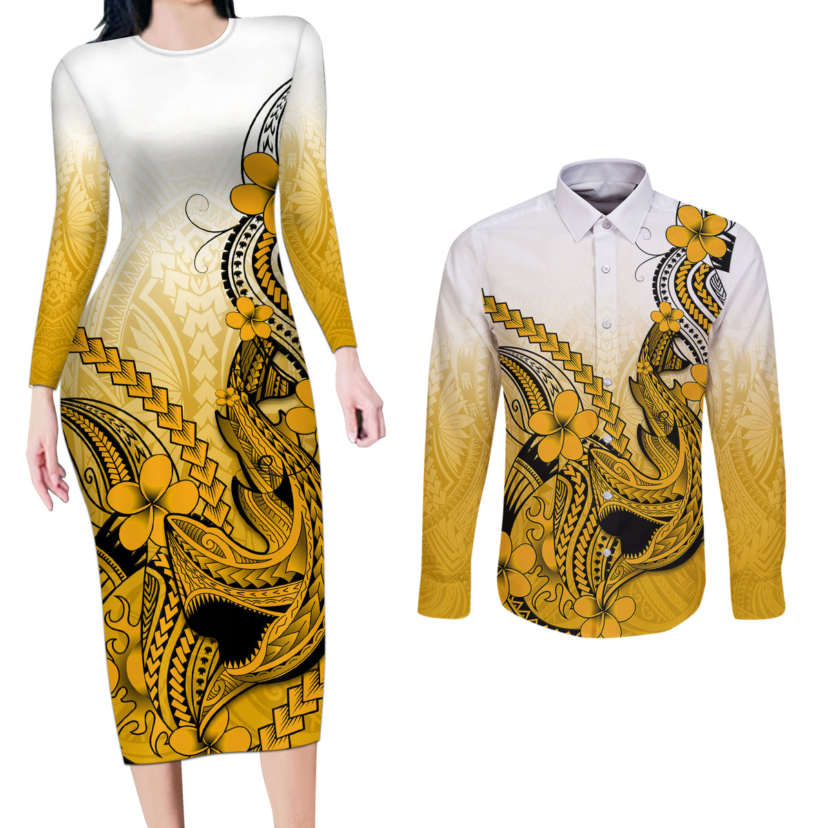 Hawaii Couples Matching Long Sleeve Bodycon Dress and Long Sleeve Button Shirts Polynesian Shark Tattoo With Plumeria Gold Gradient - Wonder Print Shop