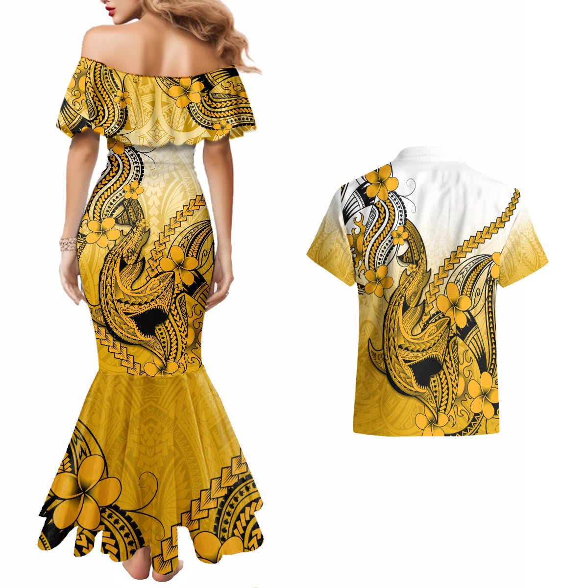 Hawaii Couples Matching Mermaid Dress And Hawaiian Shirt Polynesian Shark Tattoo With Plumeria Gold Gradient - Wonder Print Shop