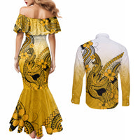 hawaii-couples-matching-mermaid-dress-and-long-sleeve-button-shirts-polynesian-shark-tattoo-with-plumeria-gold-gradient