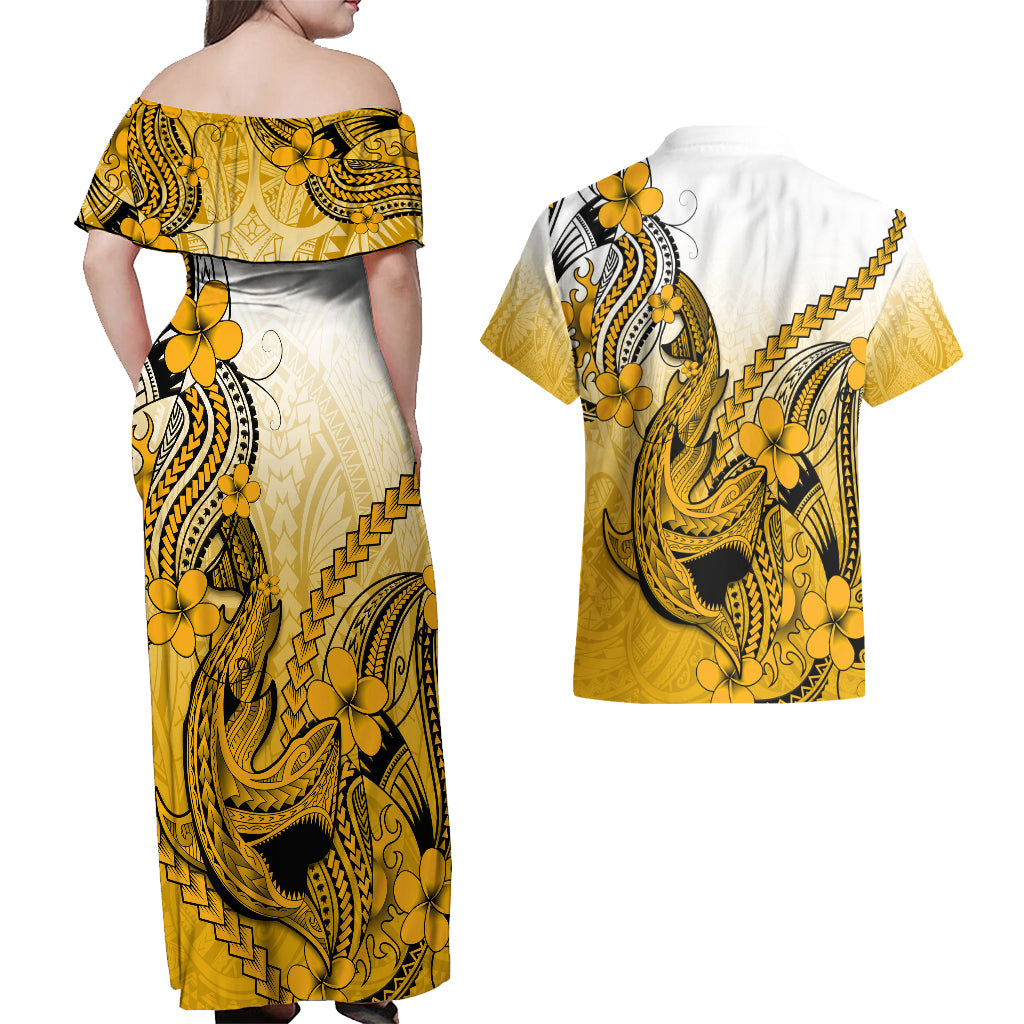 Hawaii Couples Matching Off Shoulder Maxi Dress and Hawaiian Shirt Polynesian Shark Tattoo With Plumeria Gold Gradient - Wonder Print Shop