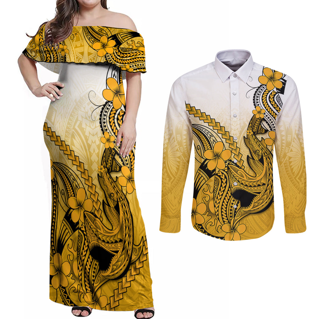 Hawaii Couples Matching Off Shoulder Maxi Dress and Long Sleeve Button Shirts Polynesian Shark Tattoo With Plumeria Gold Gradient - Wonder Print Shop