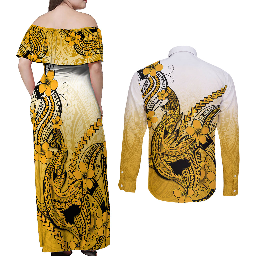Hawaii Couples Matching Off Shoulder Maxi Dress and Long Sleeve Button Shirts Polynesian Shark Tattoo With Plumeria Gold Gradient - Wonder Print Shop