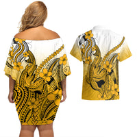 Hawaii Couples Matching Off Shoulder Short Dress and Hawaiian Shirt Polynesian Shark Tattoo With Plumeria Gold Gradient - Wonder Print Shop