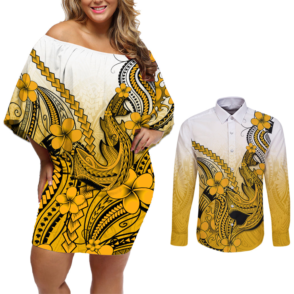 Hawaii Couples Matching Off Shoulder Short Dress and Long Sleeve Button Shirts Polynesian Shark Tattoo With Plumeria Gold Gradient - Wonder Print Shop