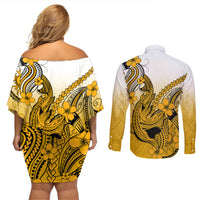 Hawaii Couples Matching Off Shoulder Short Dress and Long Sleeve Button Shirts Polynesian Shark Tattoo With Plumeria Gold Gradient - Wonder Print Shop