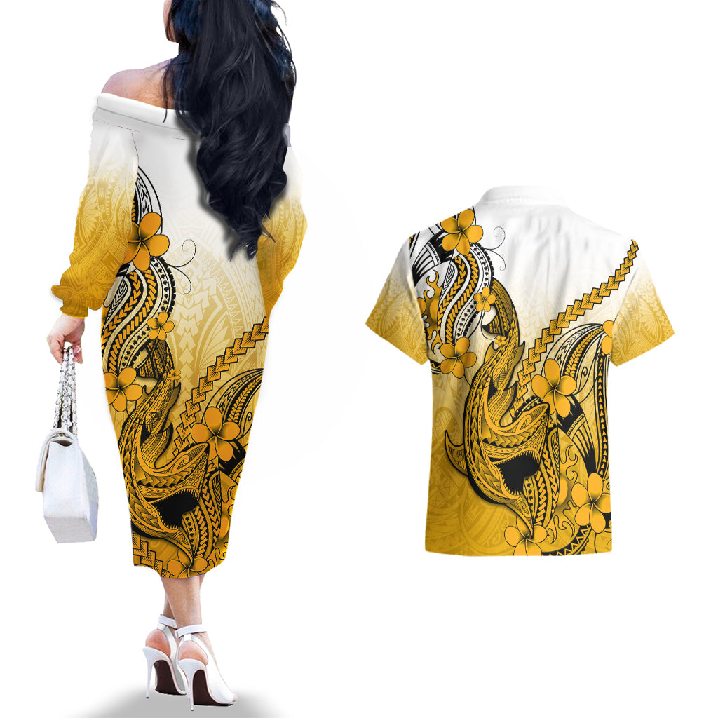 Hawaii Couples Matching Off The Shoulder Long Sleeve Dress and Hawaiian Shirt Polynesian Shark Tattoo With Plumeria Gold Gradient - Wonder Print Shop