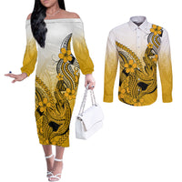 hawaii-couples-matching-off-the-shoulder-long-sleeve-dress-and-long-sleeve-button-shirts-polynesian-shark-tattoo-with-plumeria-gold-gradient