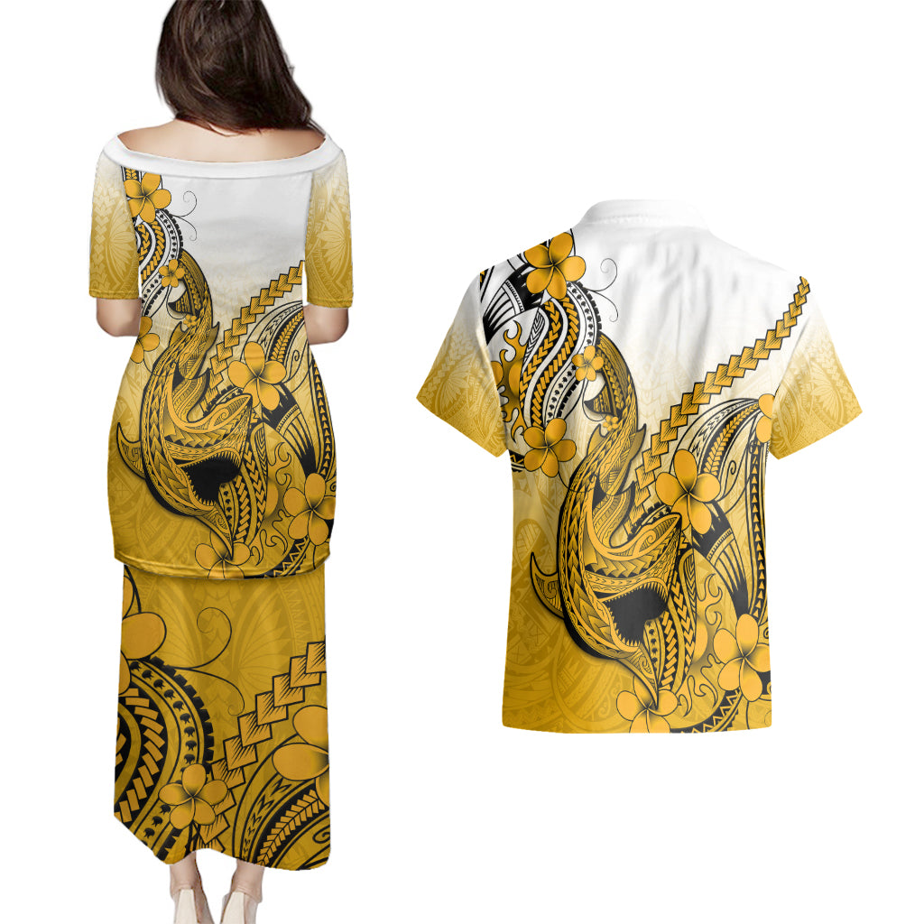Hawaii Couples Matching Puletasi Dress and Hawaiian Shirt Polynesian Shark Tattoo With Plumeria Gold Gradient - Wonder Print Shop