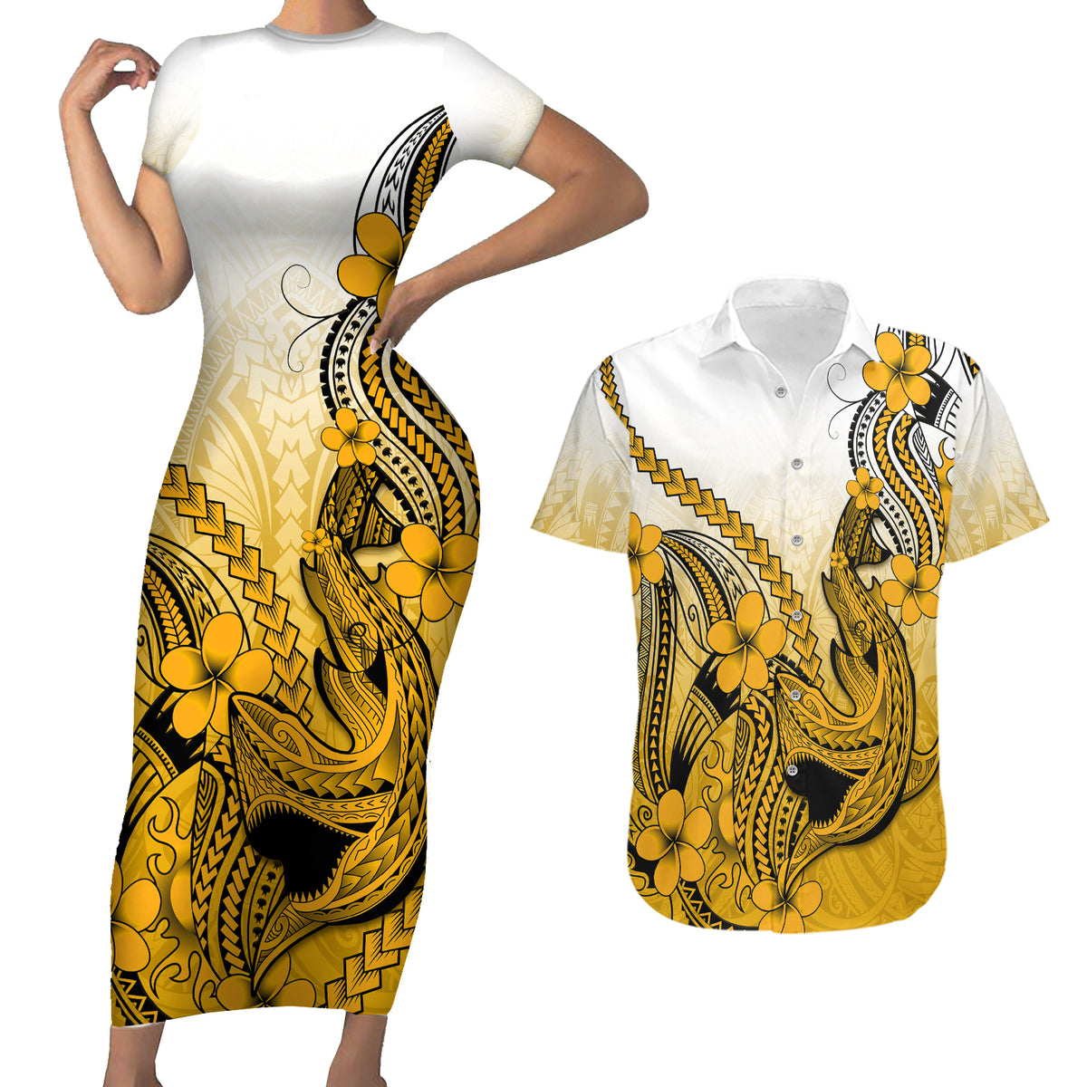 Hawaii Couples Matching Short Sleeve Bodycon Dress and Hawaiian Shirt Polynesian Shark Tattoo With Plumeria Gold Gradient - Wonder Print Shop