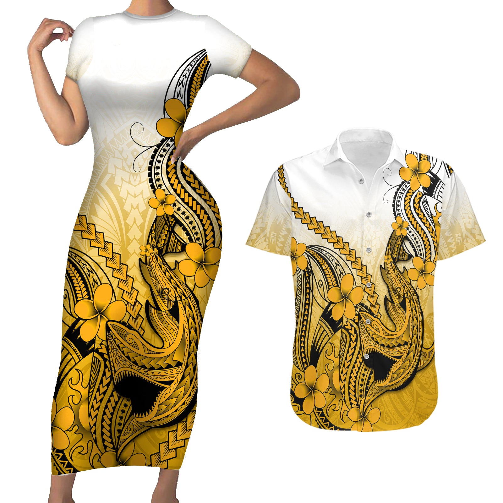 Hawaii Couples Matching Short Sleeve Bodycon Dress and Hawaiian Shirt Polynesian Shark Tattoo With Plumeria Gold Gradient - Wonder Print Shop