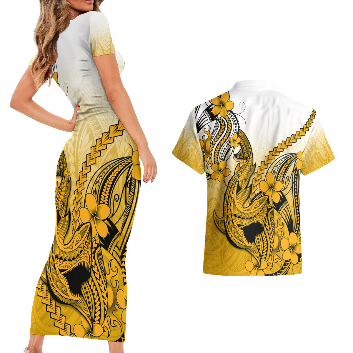 Hawaii Couples Matching Short Sleeve Bodycon Dress and Hawaiian Shirt Polynesian Shark Tattoo With Plumeria Gold Gradient - Wonder Print Shop