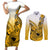 Hawaii Couples Matching Short Sleeve Bodycon Dress and Long Sleeve Button Shirts Polynesian Shark Tattoo With Plumeria Gold Gradient - Wonder Print Shop