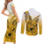 Hawaii Couples Matching Short Sleeve Bodycon Dress and Long Sleeve Button Shirts Polynesian Shark Tattoo With Plumeria Gold Gradient - Wonder Print Shop