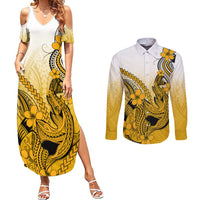 Hawaii Couples Matching Summer Maxi Dress and Long Sleeve Button Shirts Polynesian Shark Tattoo With Plumeria Gold Gradient - Wonder Print Shop