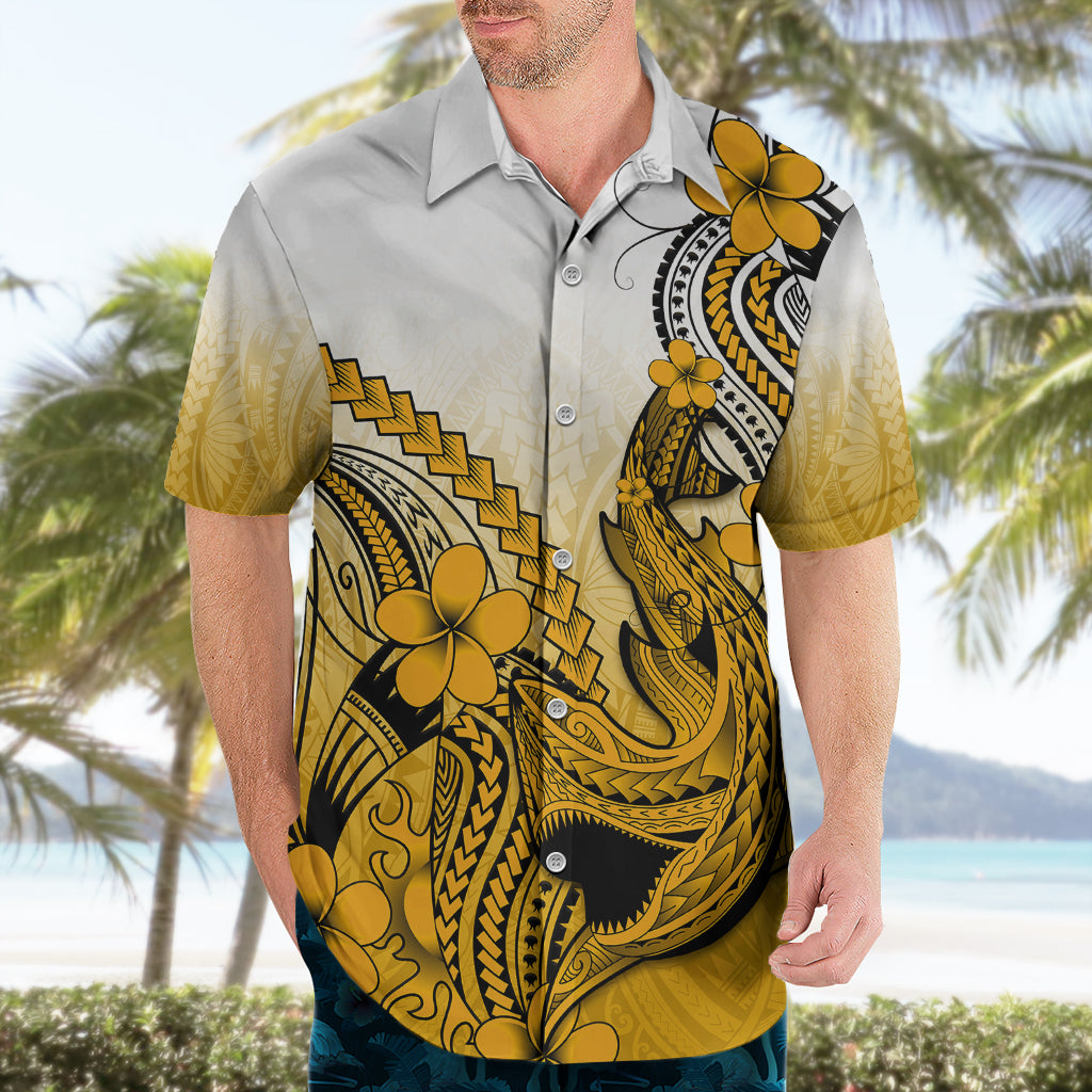 Hawaii Hawaiian Shirt Polynesian Shark Tattoo With Plumeria Gold Gradient - Wonder Print Shop