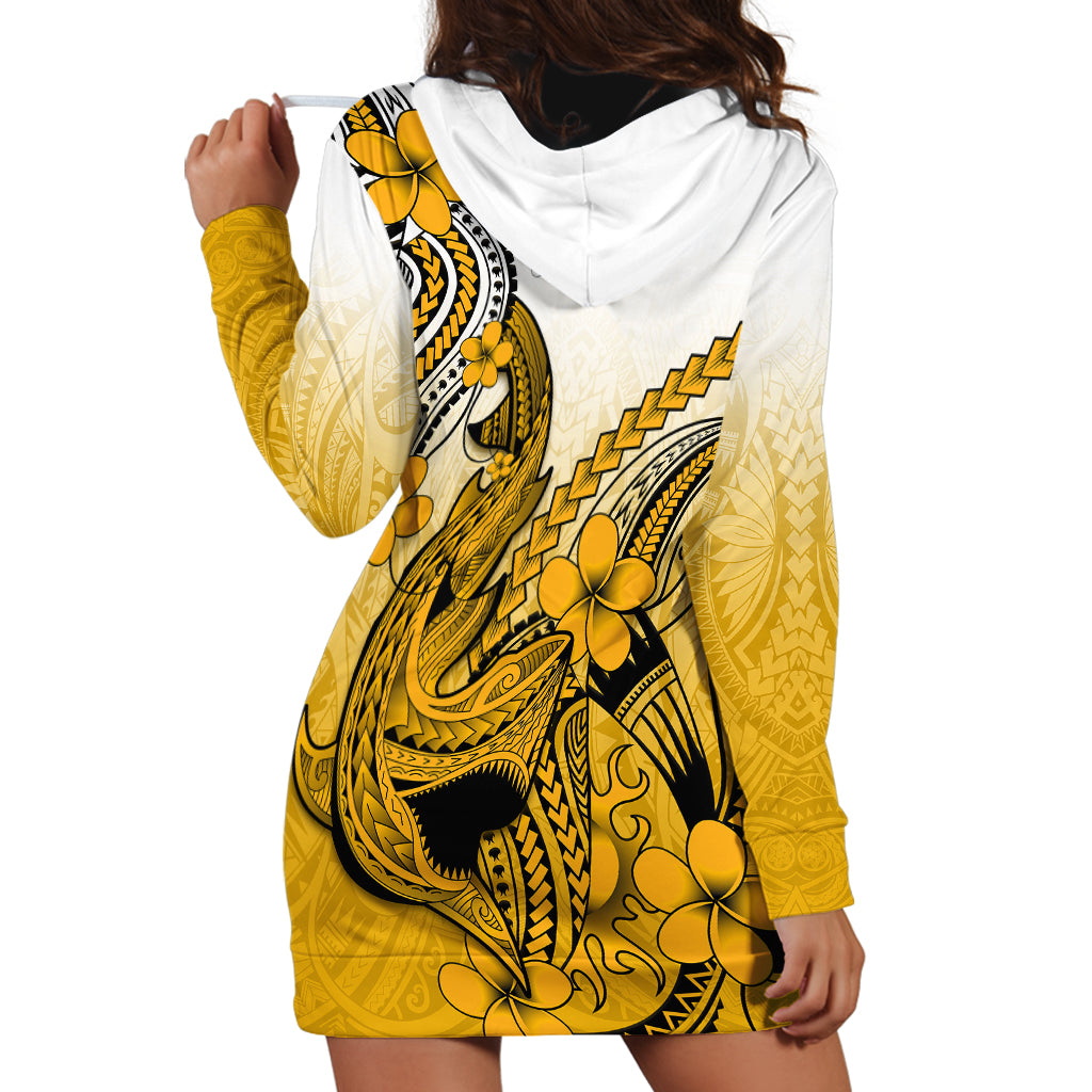 Hawaii Hoodie Dress Polynesian Shark Tattoo With Plumeria Gold Gradient - Wonder Print Shop