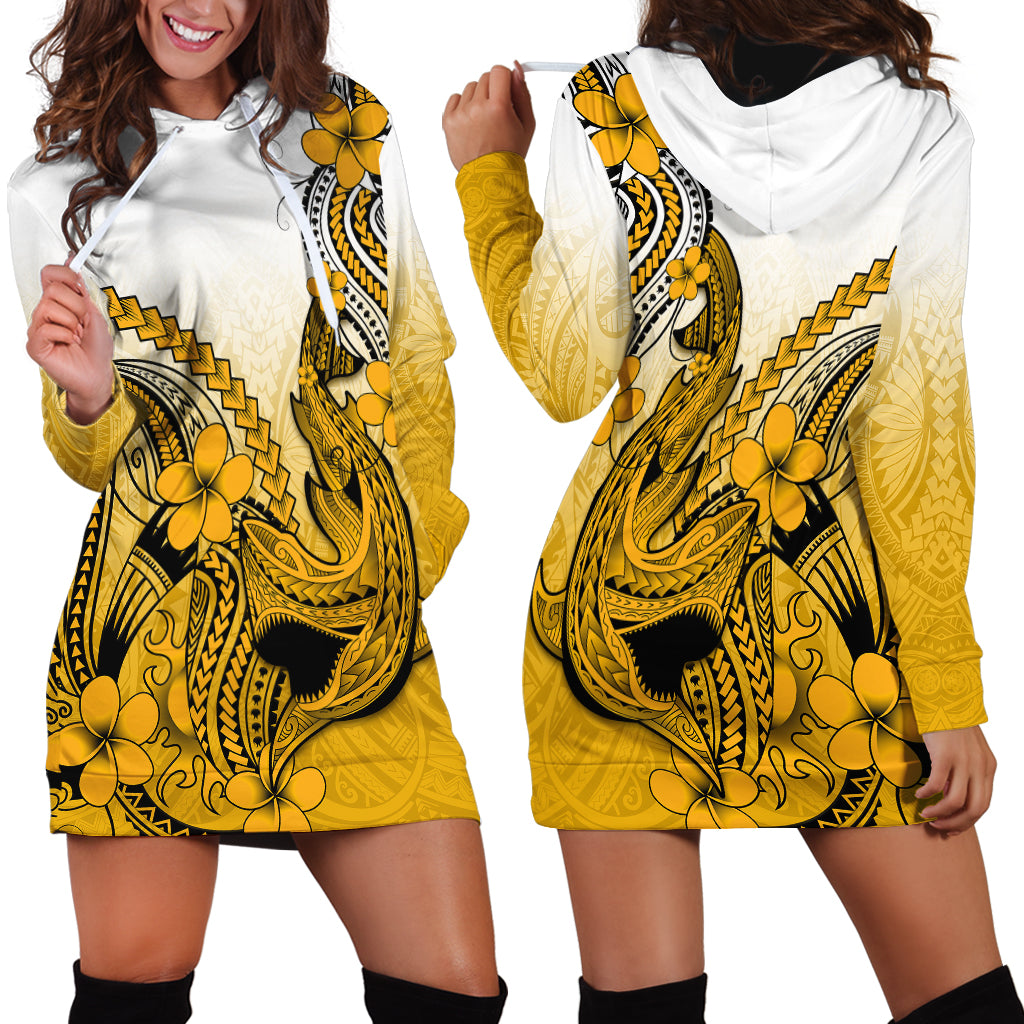Hawaii Hoodie Dress Polynesian Shark Tattoo With Plumeria Gold Gradient - Wonder Print Shop