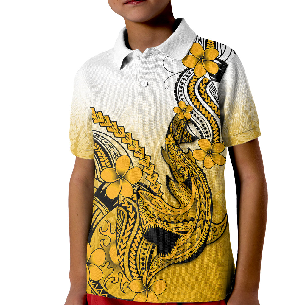 Hawaii Kid Polo Shirt Polynesian Shark Tattoo With Plumeria Gold Gradient - Wonder Print Shop