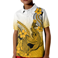 Hawaii Kid Polo Shirt Polynesian Shark Tattoo With Plumeria Gold Gradient - Wonder Print Shop