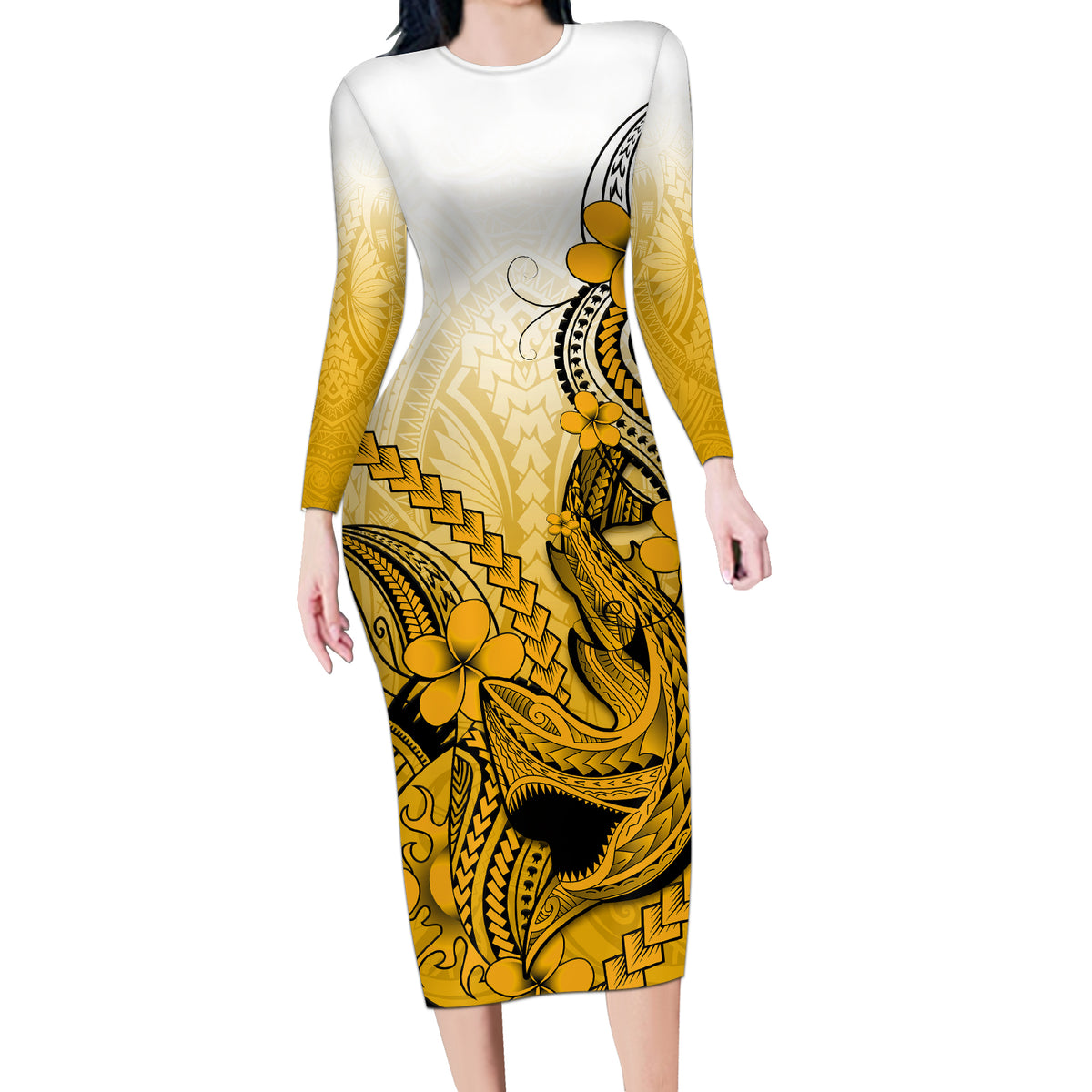 Hawaii Long Sleeve Bodycon Dress Polynesian Shark Tattoo With Plumeria Gold Gradient - Wonder Print Shop
