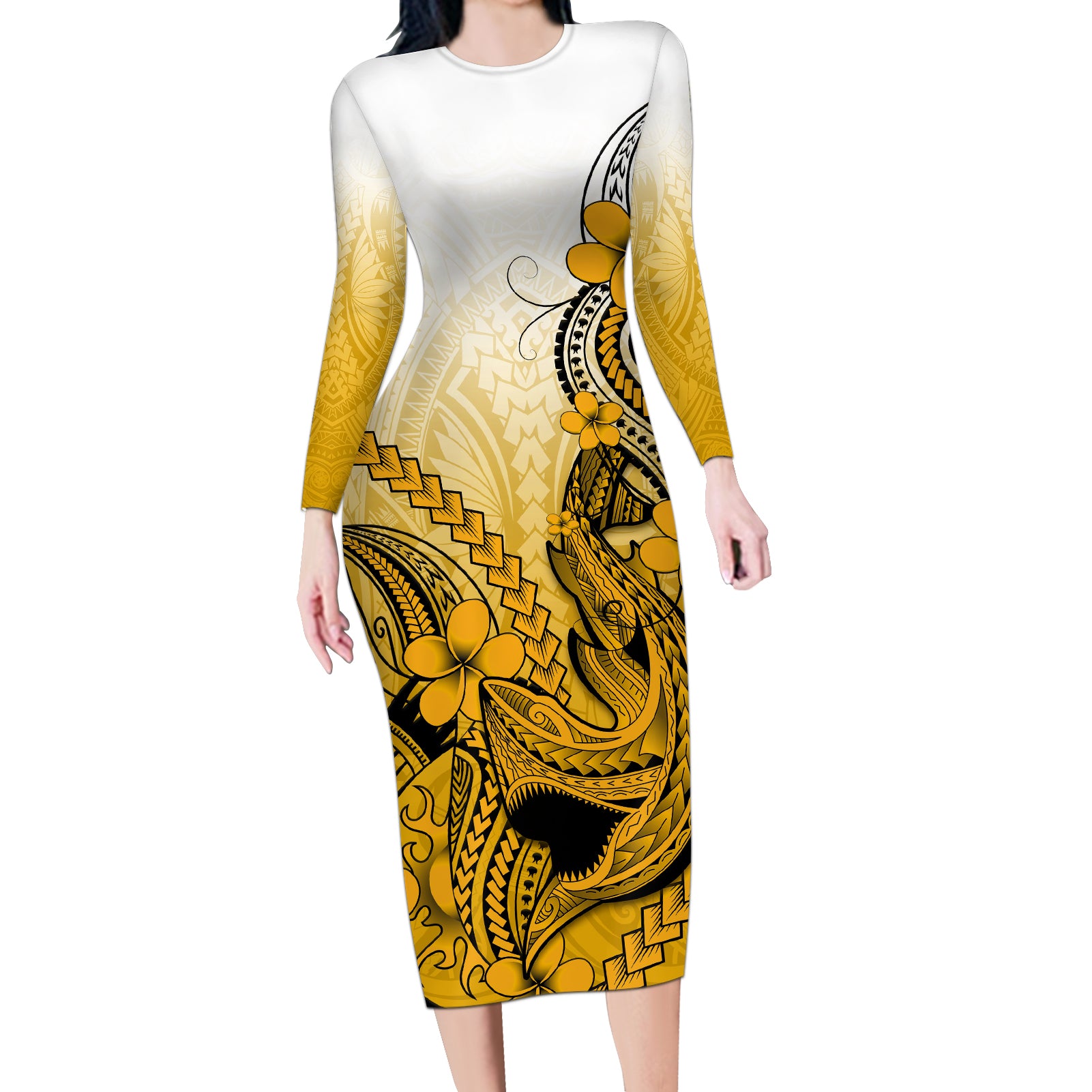 Hawaii Long Sleeve Bodycon Dress Polynesian Shark Tattoo With Plumeria Gold Gradient - Wonder Print Shop