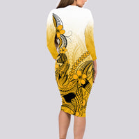 Hawaii Long Sleeve Bodycon Dress Polynesian Shark Tattoo With Plumeria Gold Gradient - Wonder Print Shop