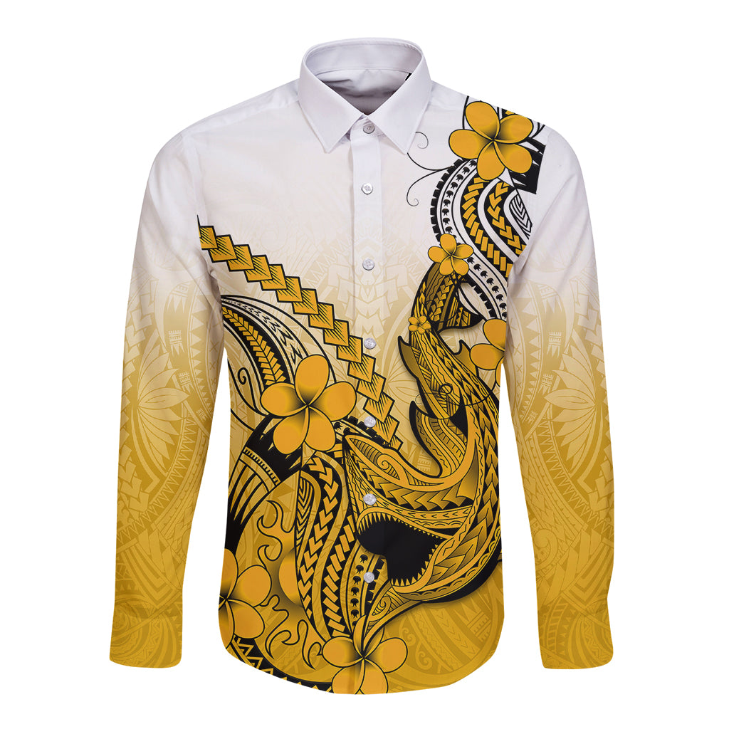 Hawaii Long Sleeve Button Shirt Polynesian Shark Tattoo With Plumeria Gold Gradient - Wonder Print Shop