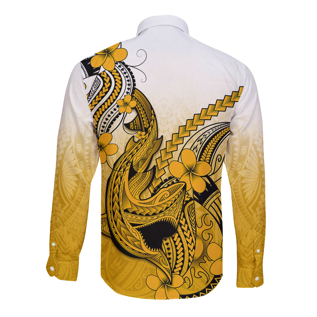 Hawaii Long Sleeve Button Shirt Polynesian Shark Tattoo With Plumeria Gold Gradient - Wonder Print Shop