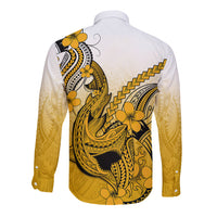 Hawaii Long Sleeve Button Shirt Polynesian Shark Tattoo With Plumeria Gold Gradient - Wonder Print Shop