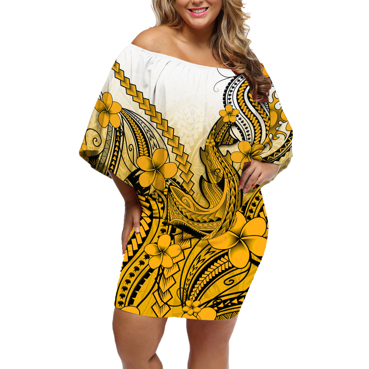 Hawaii Off Shoulder Short Dress Polynesian Shark Tattoo With Plumeria Gold Gradient - Wonder Print Shop