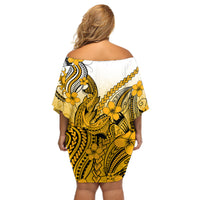 Hawaii Off Shoulder Short Dress Polynesian Shark Tattoo With Plumeria Gold Gradient - Wonder Print Shop