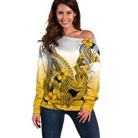 Hawaii Off Shoulder Sweater Polynesian Shark Tattoo With Plumeria Gold Gradient - Wonder Print Shop