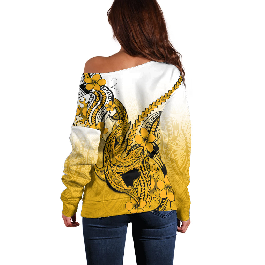 Hawaii Off Shoulder Sweater Polynesian Shark Tattoo With Plumeria Gold Gradient - Wonder Print Shop