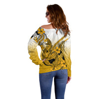 Hawaii Off Shoulder Sweater Polynesian Shark Tattoo With Plumeria Gold Gradient - Wonder Print Shop