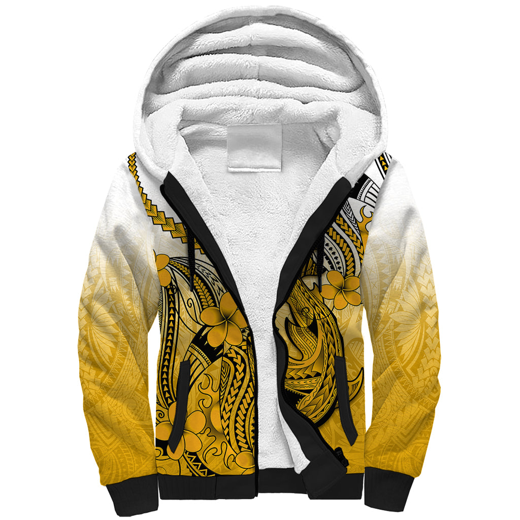 Hawaii Sherpa Hoodie Polynesian Shark Tattoo With Plumeria Gold Gradient - Wonder Print Shop
