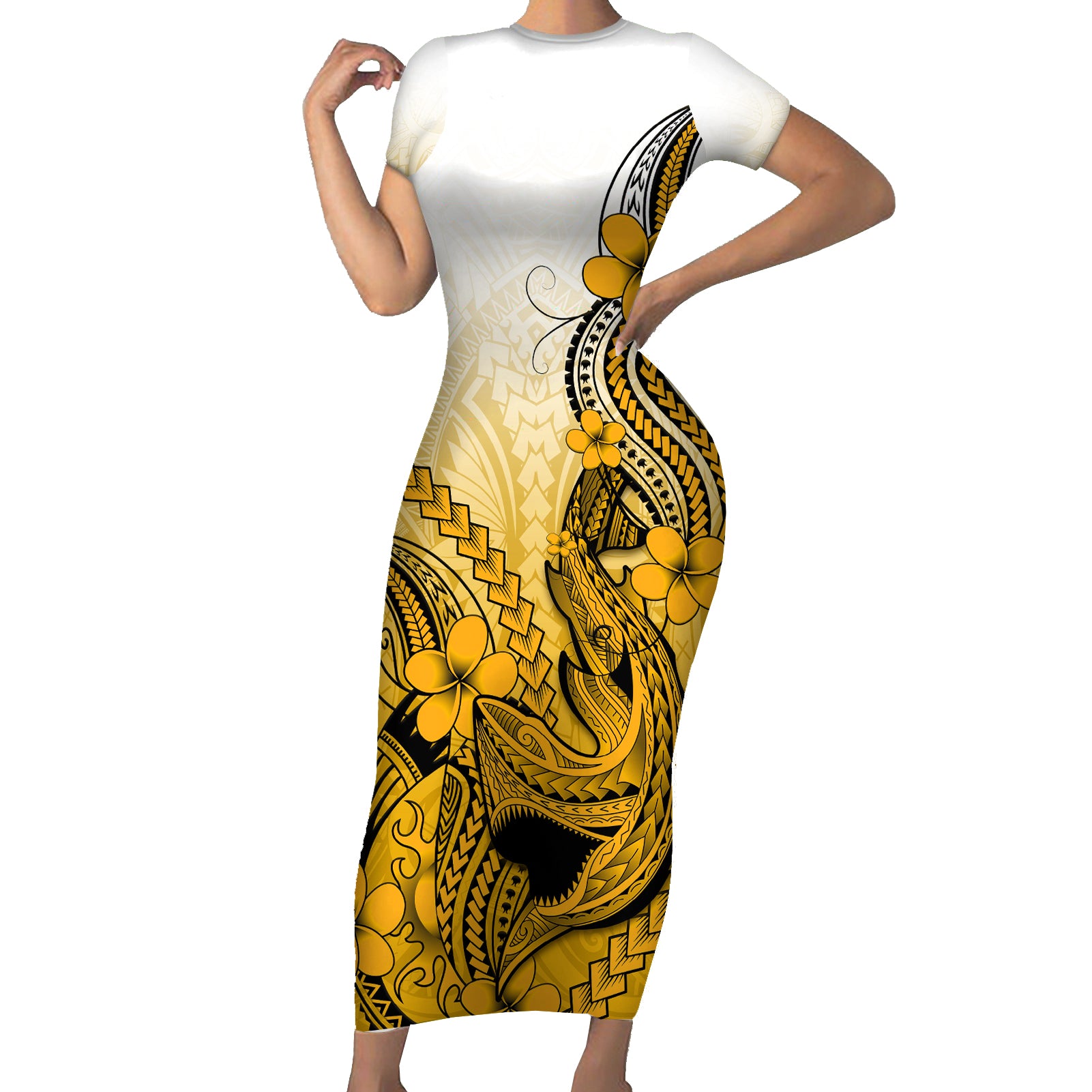 Hawaii Short Sleeve Bodycon Dress Polynesian Shark Tattoo With Plumeria Gold Gradient - Wonder Print Shop