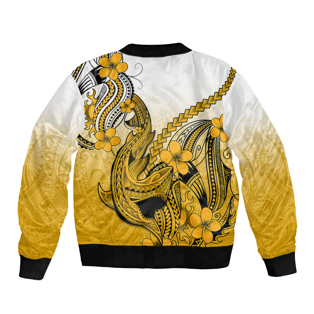 Hawaii Sleeve Zip Bomber Jacket Polynesian Shark Tattoo With Plumeria Gold Gradient - Wonder Print Shop
