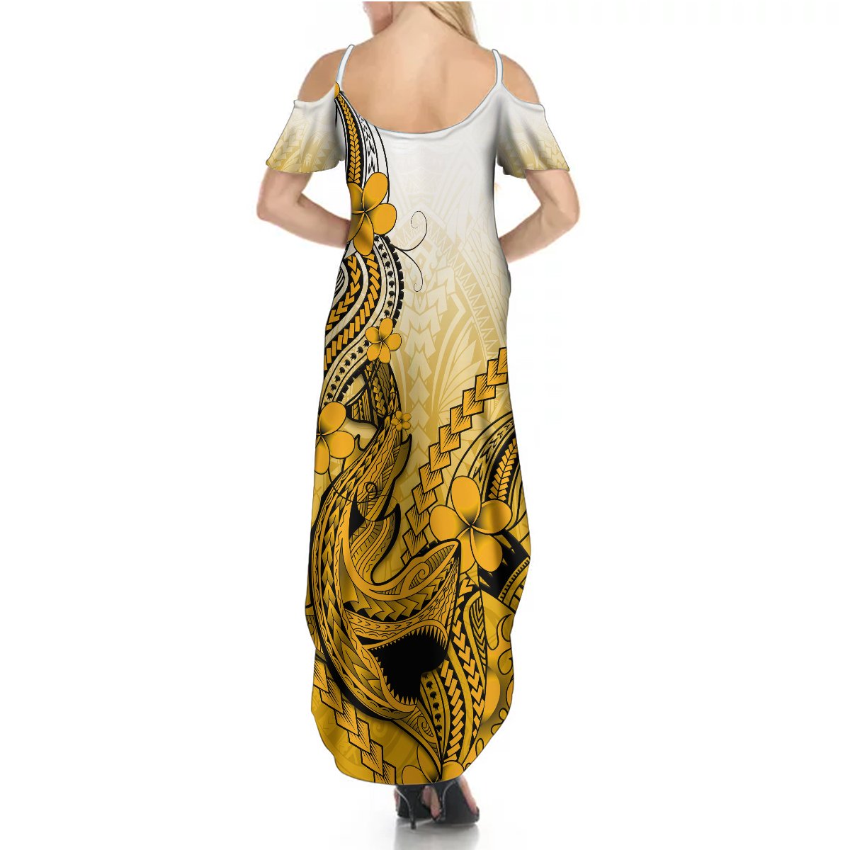 Hawaii Summer Maxi Dress Polynesian Shark Tattoo With Plumeria Gold Gradient - Wonder Print Shop