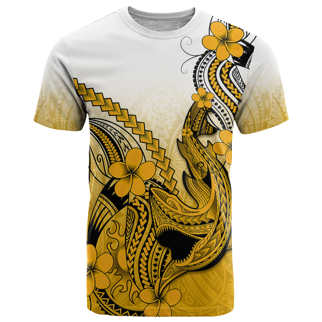 Hawaii T Shirt Polynesian Shark Tattoo With Plumeria Gold Gradient - Wonder Print Shop