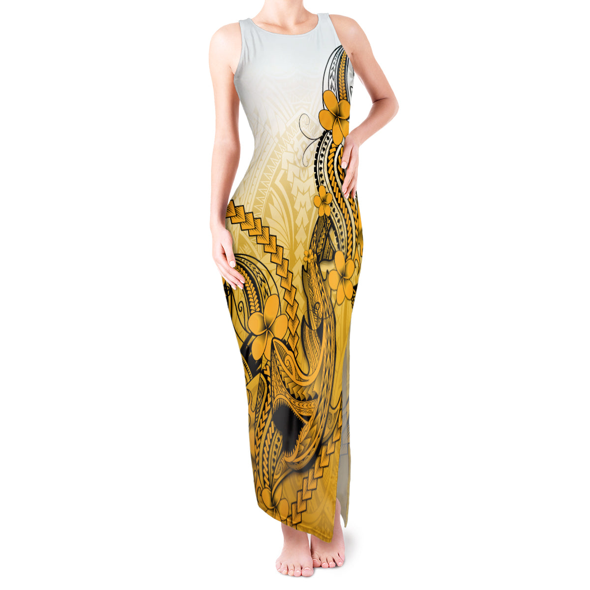 Hawaii Tank Maxi Dress Polynesian Shark Tattoo With Plumeria Gold Gradient - Wonder Print Shop
