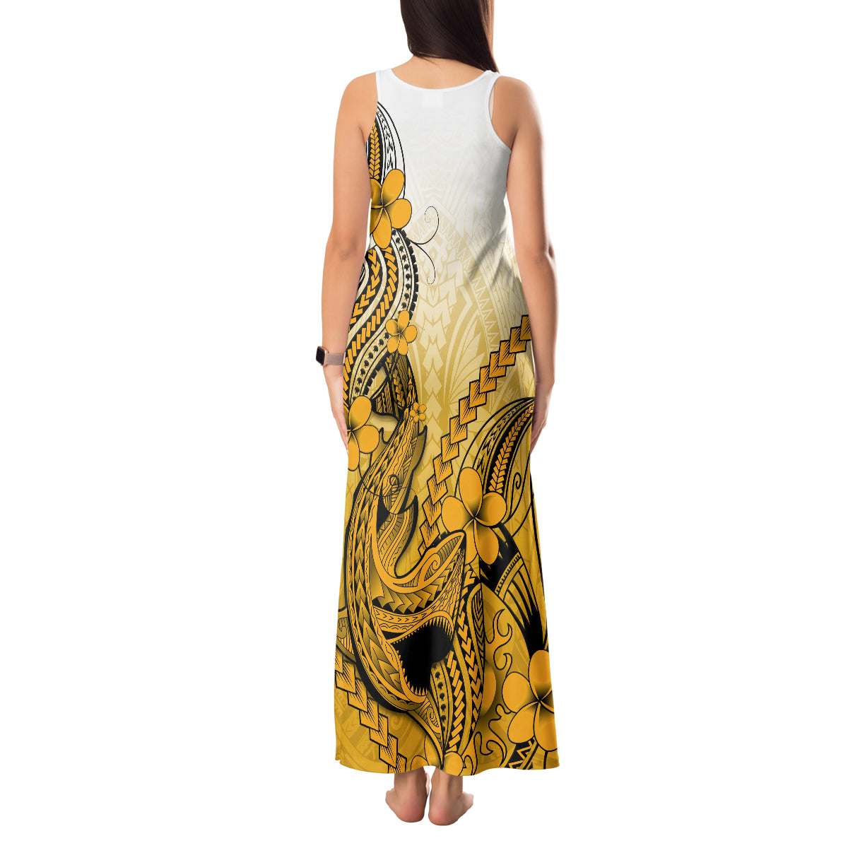 Hawaii Tank Maxi Dress Polynesian Shark Tattoo With Plumeria Gold Gradient - Wonder Print Shop